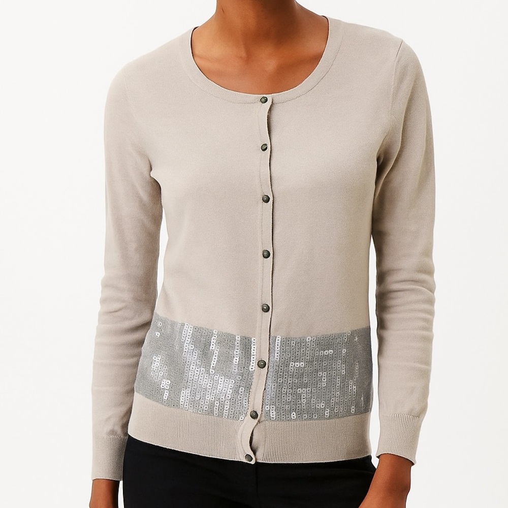 Ann Taylor LOFT tan cream gray Cardigan‎ Silver Sequin Band adult XS